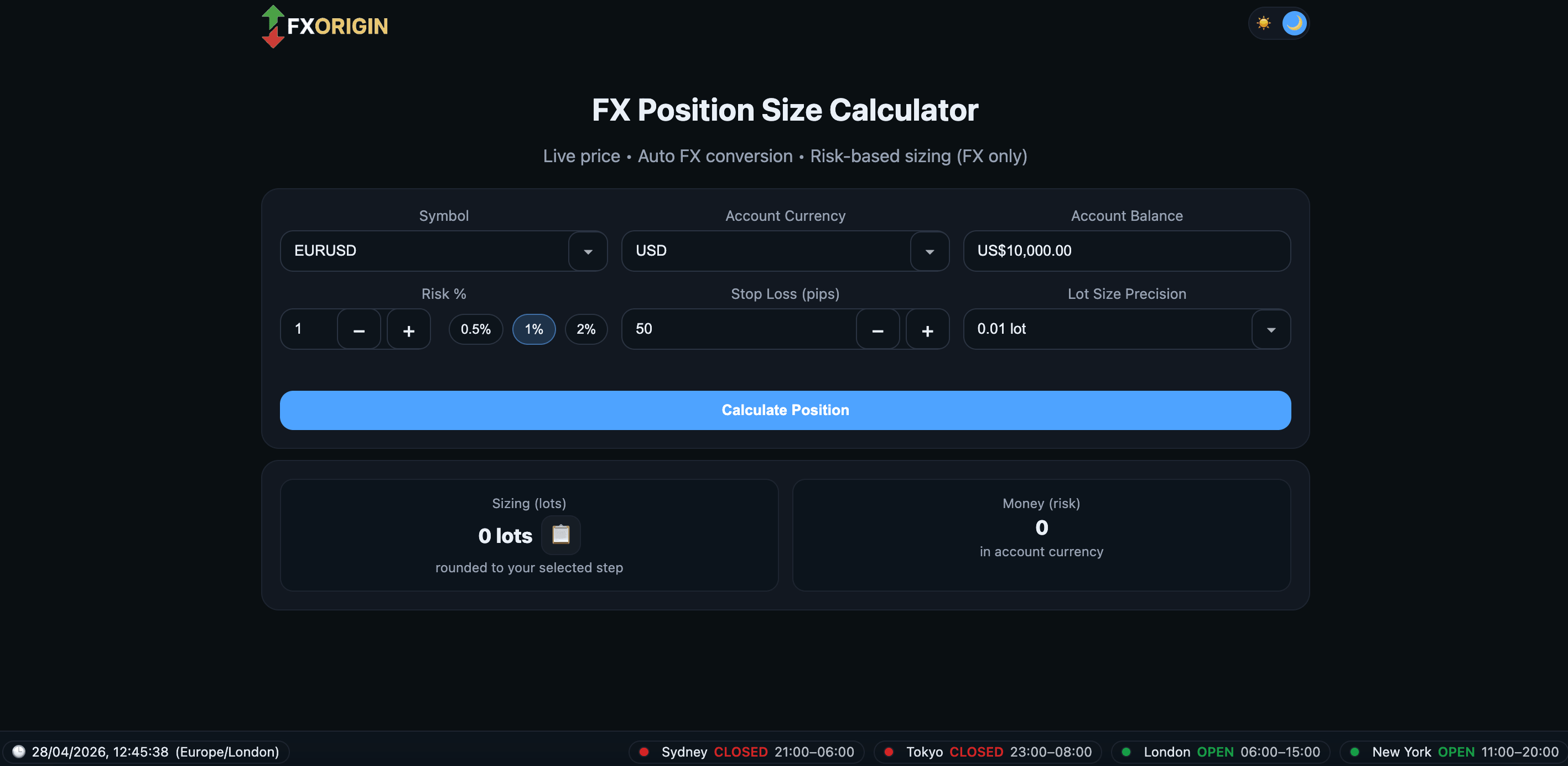 FX Origin forex calculator web application interface.