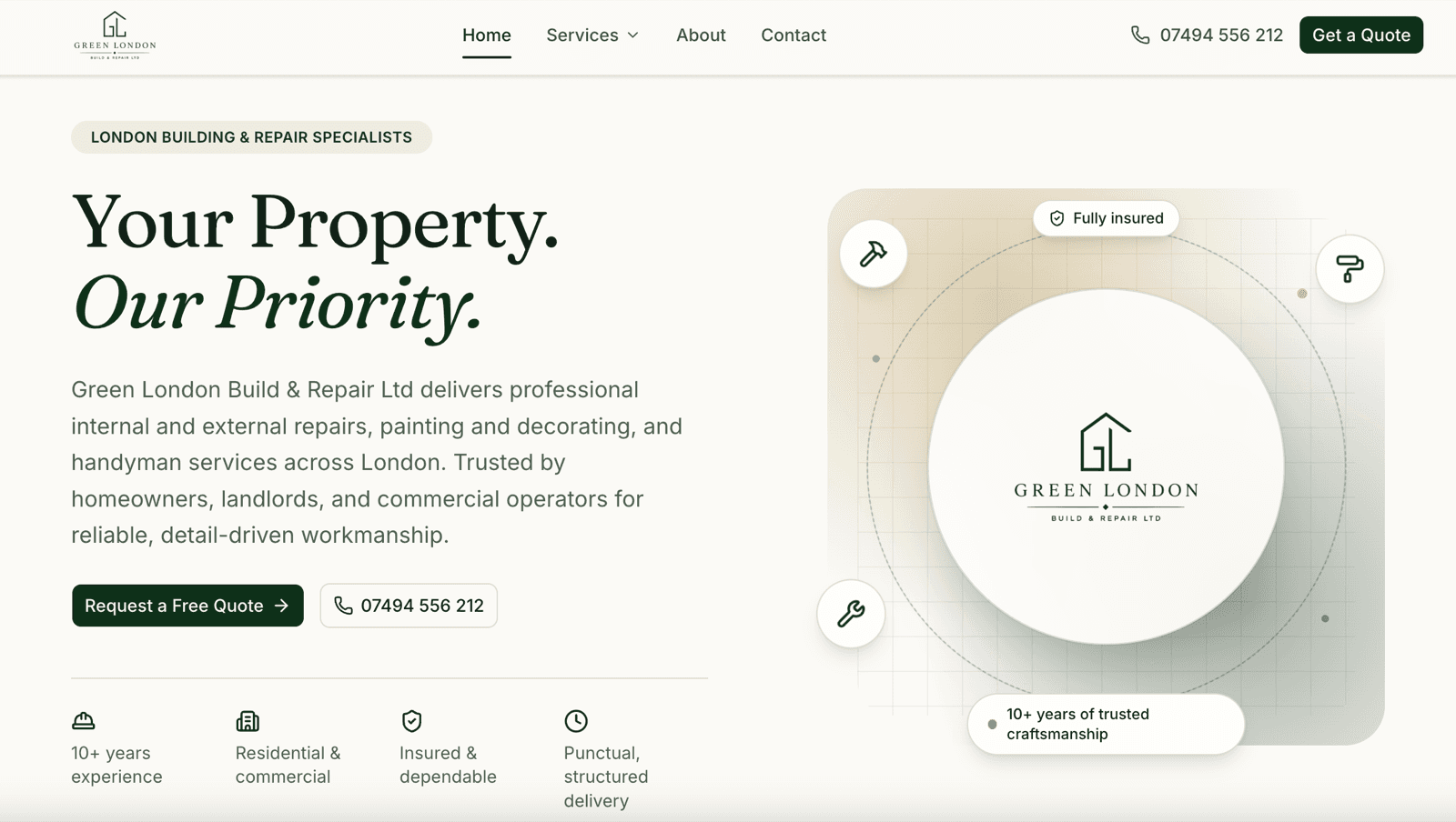 Green London Build & Repair Ltd website homepage, showing the hero section and trust signals.