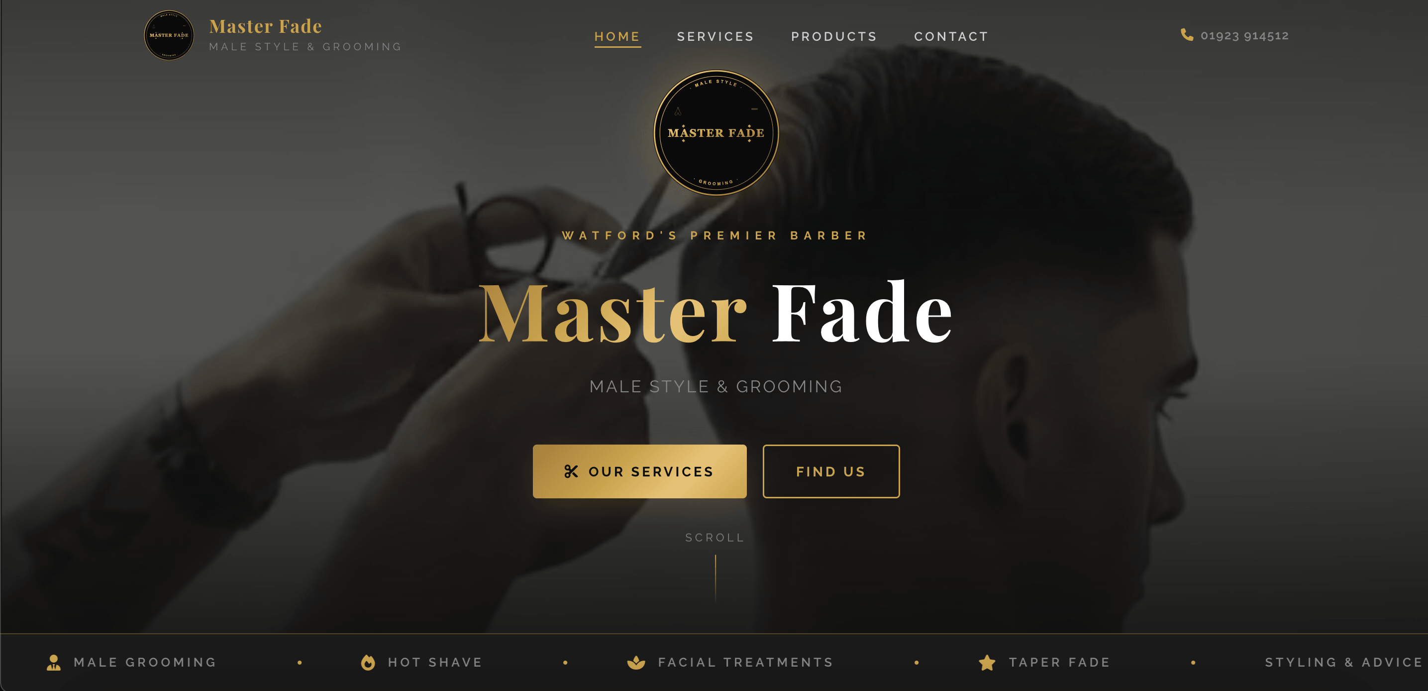Master Fade barber website, showing the service showcase and Google reviews carousel.