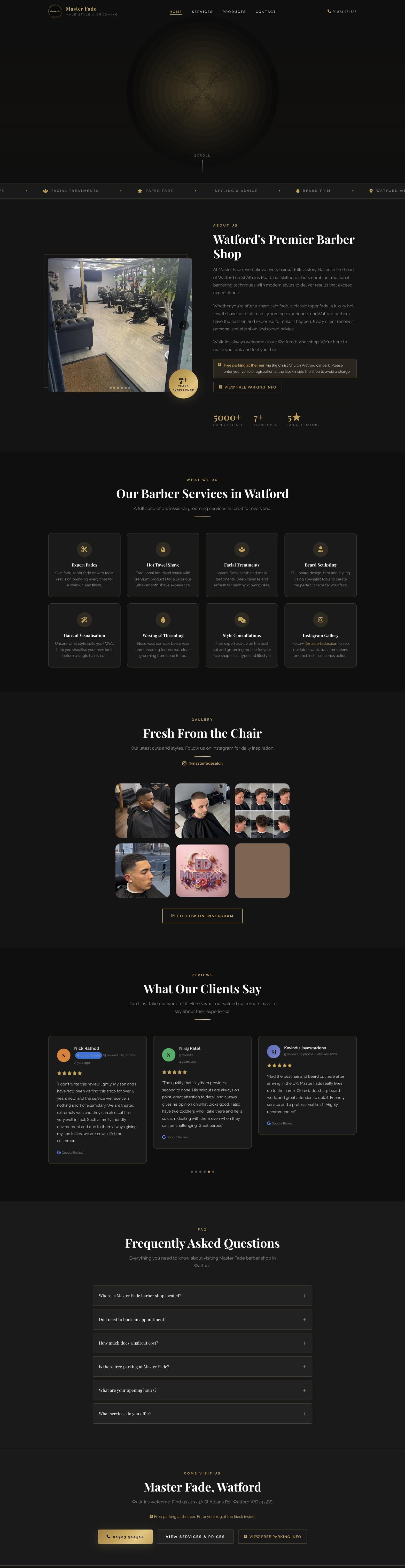 Full-page screenshot of the Master Fade website, top to bottom.