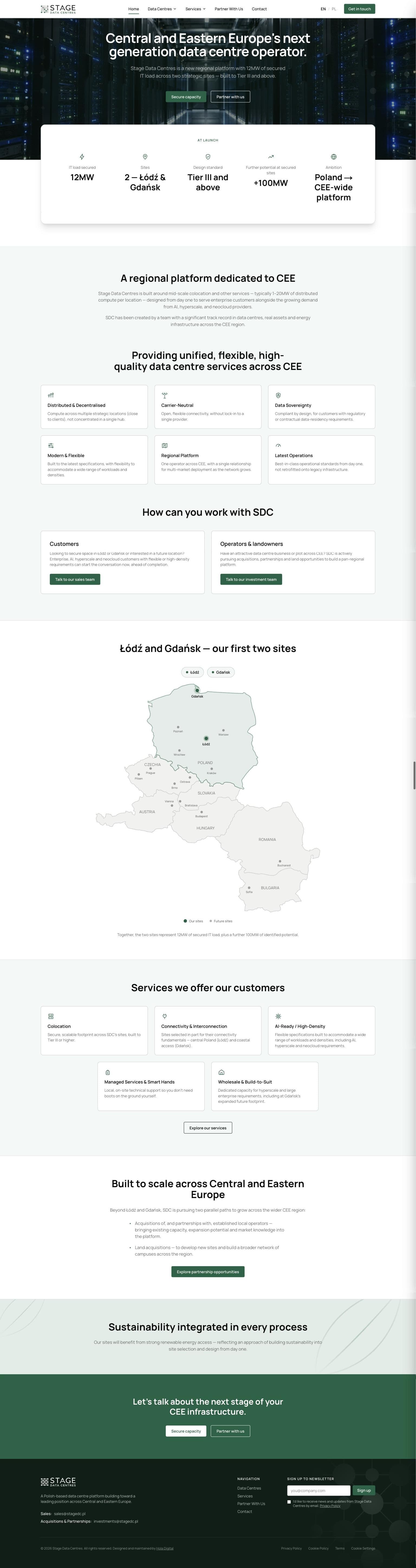Full-page screenshot of the Stage Data Centres website, top to bottom.