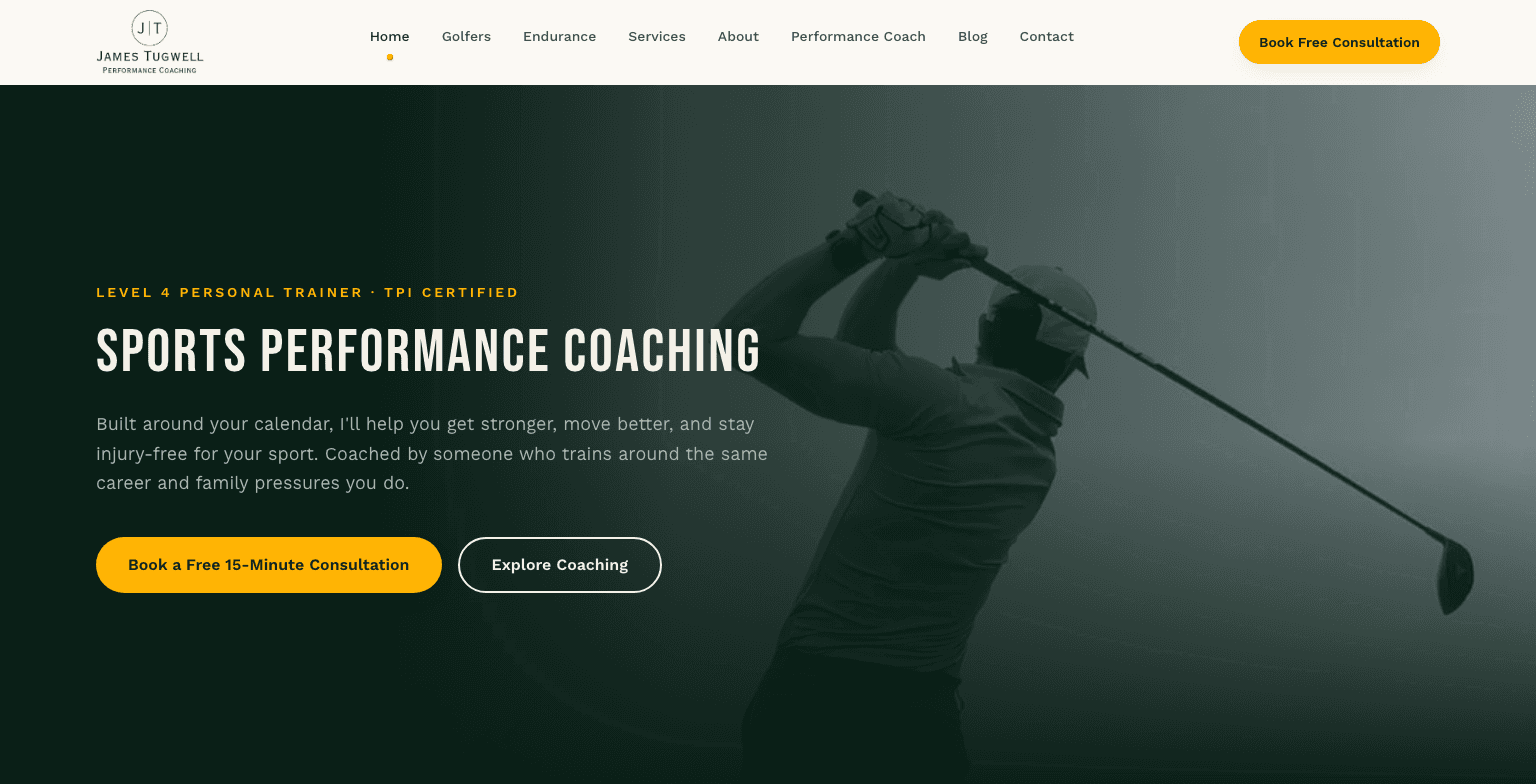 James Tugwell Performance Coaching homepage hero, showing the sports performance coaching headline over a golf swing.