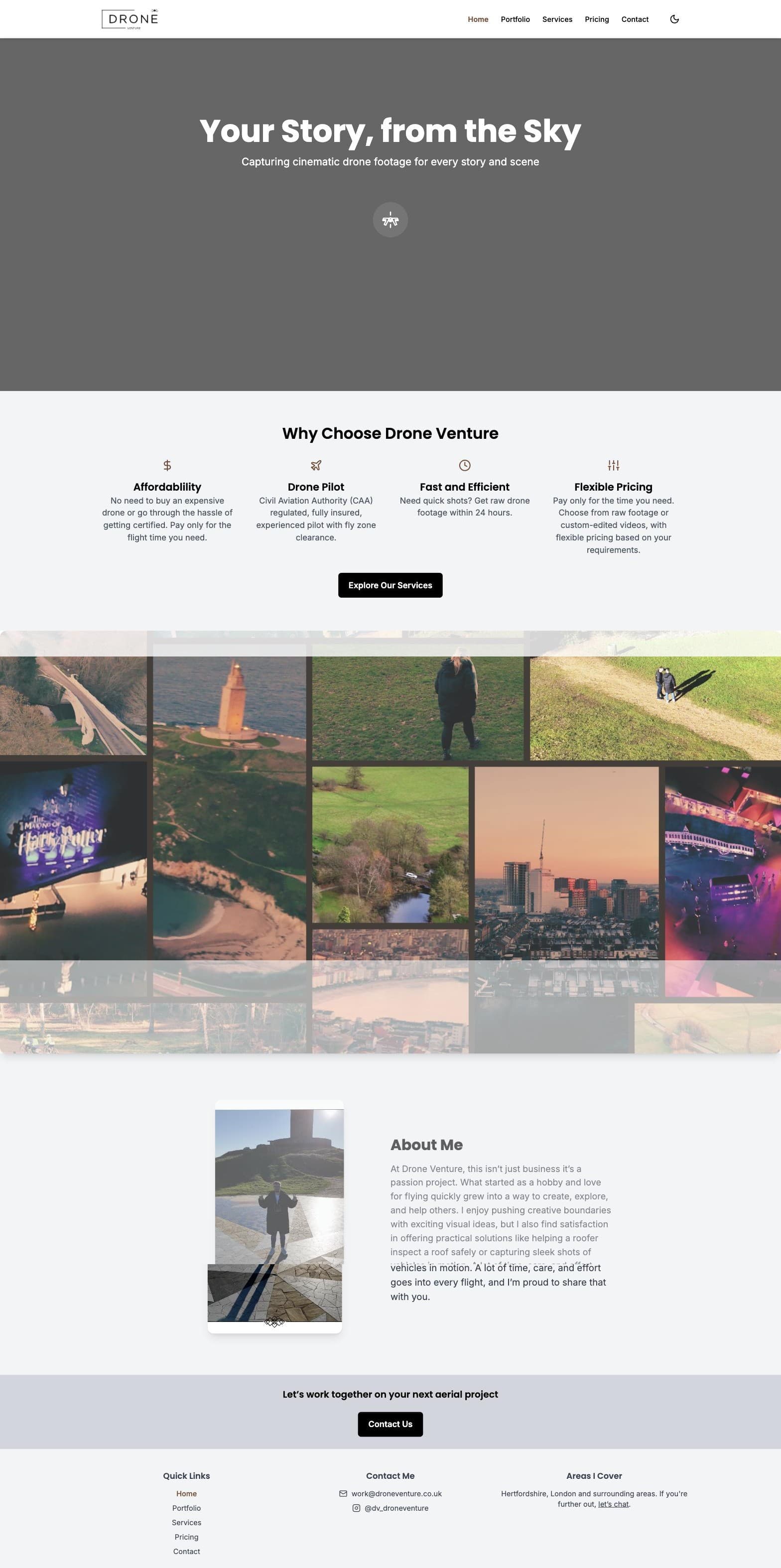Full-page screenshot of the Drone Venture website, top to bottom.