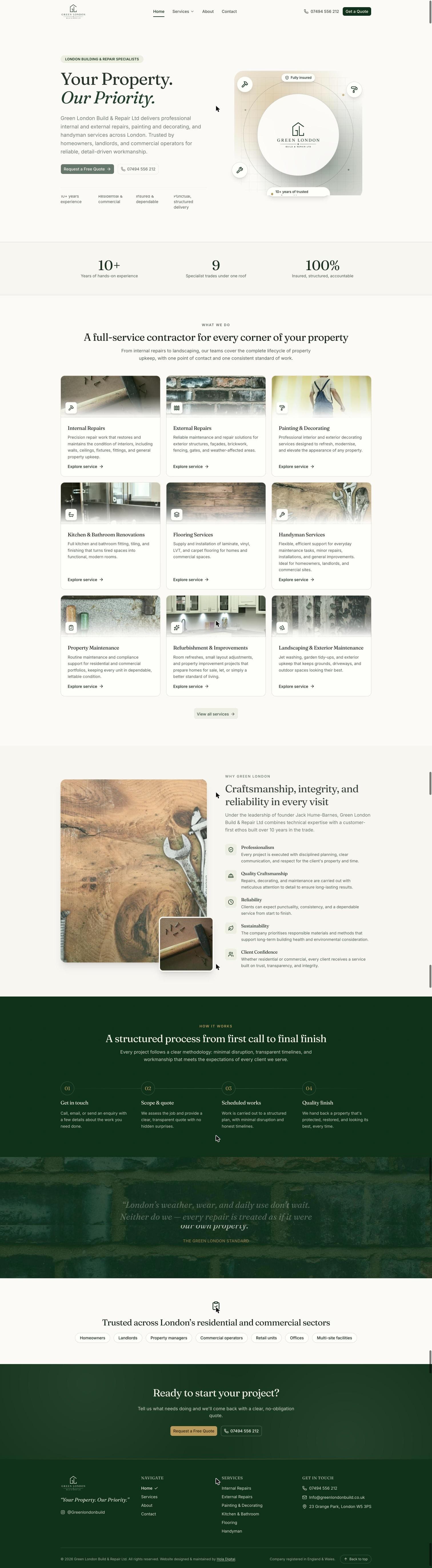 Full-page screenshot of the Green London Build & Repair Ltd website, top to bottom.